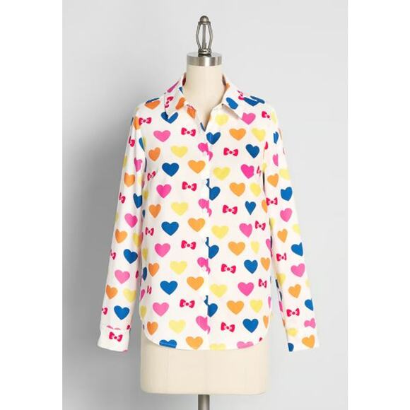 ModCloth x Hello Kitty Supercute Love Button-Up Top White Hearts Womens M NWT - Picture 3 of 5